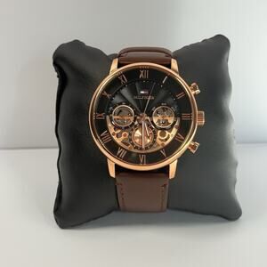 TOMMY HILFIGER LEGEND 1710566 44mm Men’s Watch Black Dial Brown Leather Band